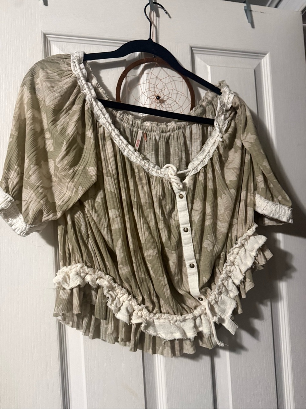 Free People Olive Green and Cream Ruffled Peasant Blouse